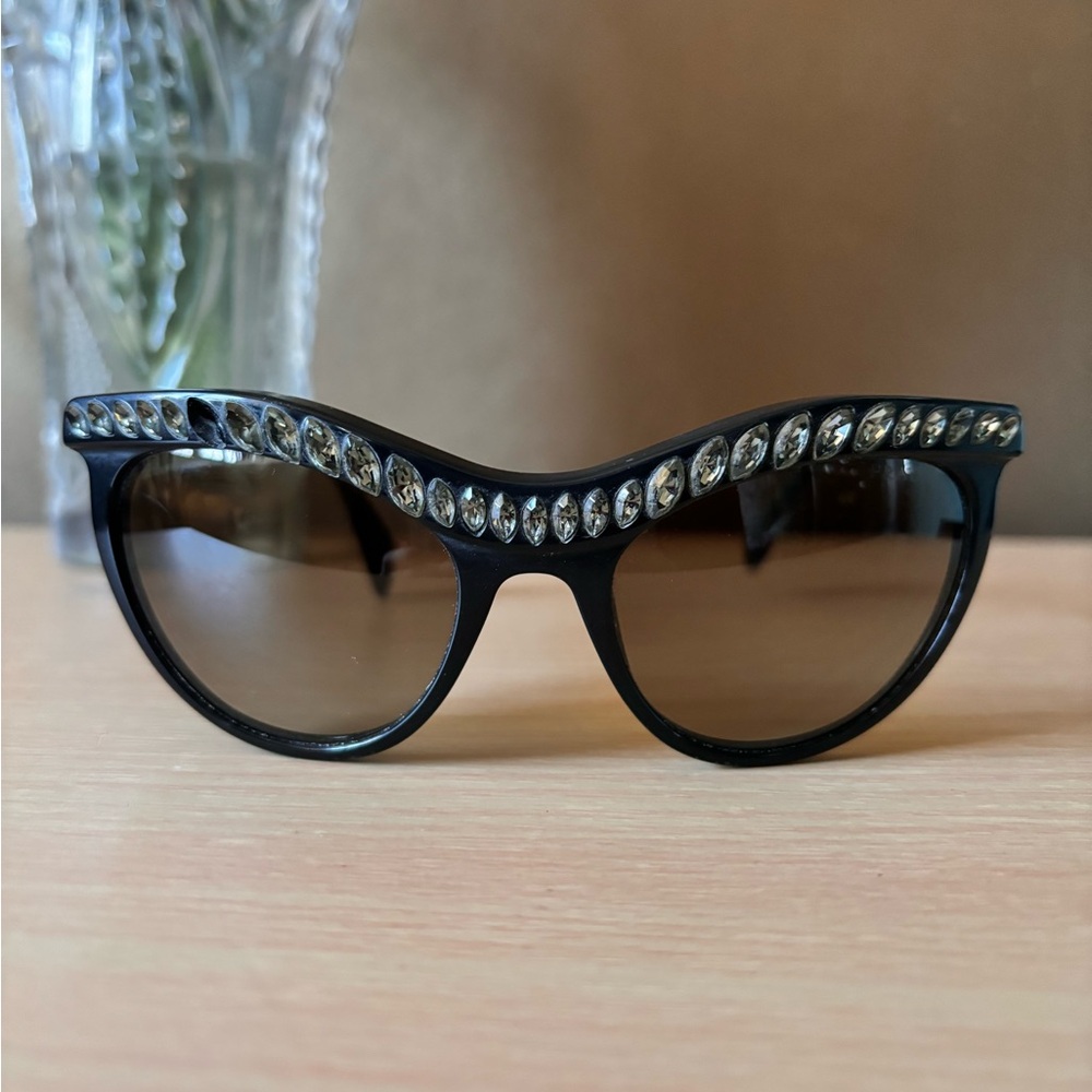 Prada SPR04P Jeweled Womens Black Cateye Sunglasses Rhinestone Narrow Face
